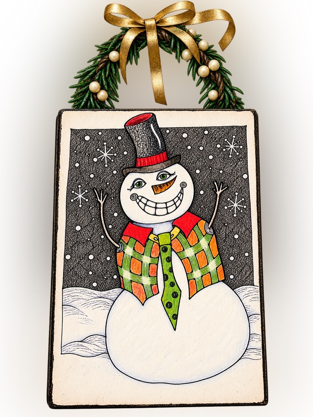 Holiday Snowman Wall Plaque - Green & Red Decorative Hanging